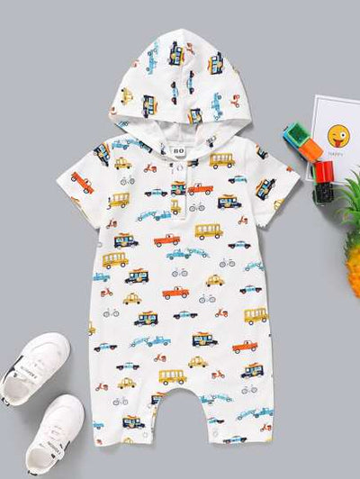 Baby Boy Allover Car Print Hooded Jumpsuit SD