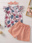 Toddler Girls Tropical Print Butterfly Sleeve Blouse With Shorts With Headband SD