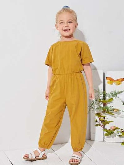 Toddler Girls Cuffed Sleeve Pocket Patched Jumpsuit SD