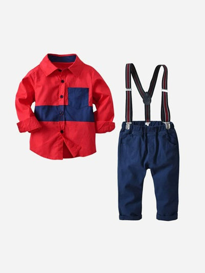 Toddler Boys Patch Pocket Shirt & Pants with Suspenders SD