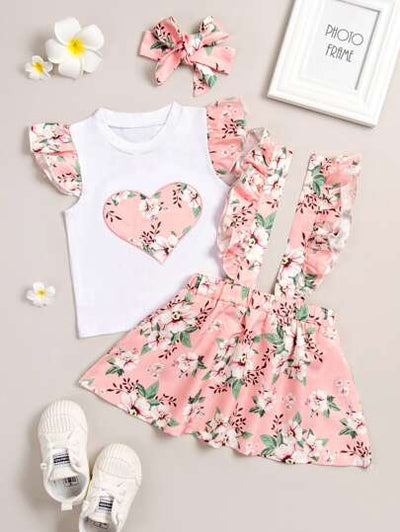 Baby Girl Heart Detail Top and Ruffle Floral Skirt with Headband SD