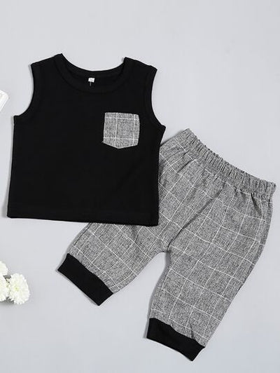 Baby Boy Patch Pocket Sleeveless Top with Plaid Pants SD