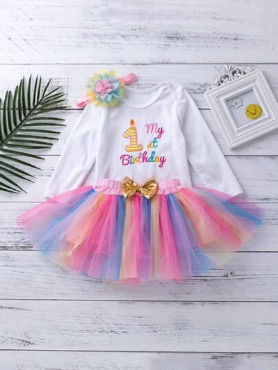 Baby Girl Slogan Embroidered Bodysuit Bow Colorblock Mesh Skirt With Headband SD