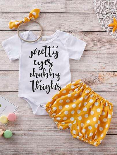 Baby Girl Letter Graphic Romper with Polka Dot Shorts & Headband SD