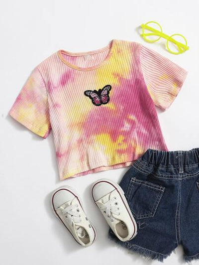 Toddler Girls Tie & Dye Butterfly Patch Ribbed Shirt SD