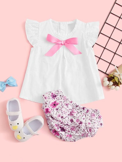 Baby Girl Ribbon Bow Top & Floral Print Shorts SD