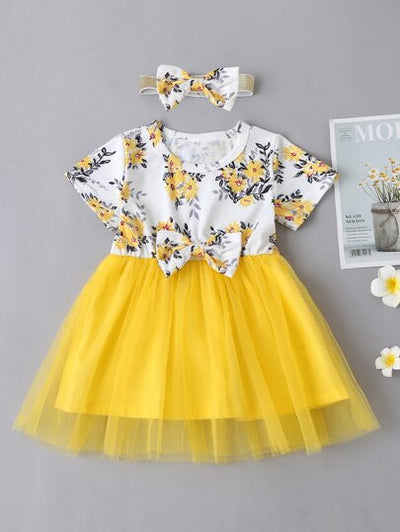 Baby Girl Floral Bodice Mesh Hem Dress with Headband SD