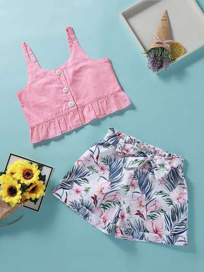 Baby Girl Frilled Cami Top & Tropical Floral Print Shorts SD