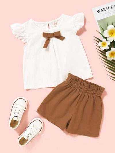 Toddler Girls Frilled Sleeves Bow Decor Top & Pleated Waist Shorts SD