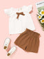 Toddler Girls Frilled Sleeves Bow Decor Top & Pleated Waist Shorts SD