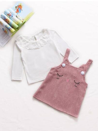 Toddler Girls Lace Collar Shirt with Cartoon Detail Skirt SD