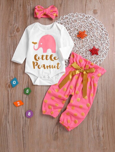 Toddler Girls Elephant Graphic Romper with Polka Dot Pants & Headband SD