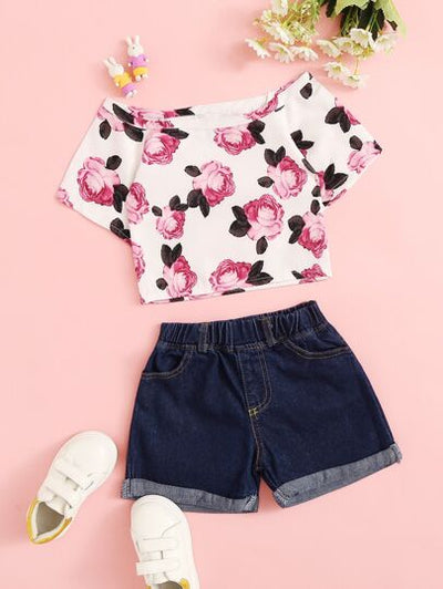 Baby Girls Off Shoulder Top with Denim Shorts SD