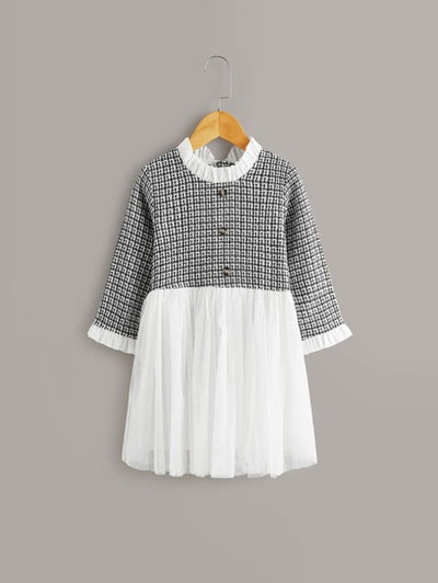Toddler Girls Tweed Bodice Mesh Sleeves Dress SD