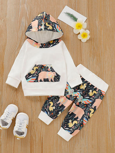 Baby Girls Animal Print Kangaroo Pocket Hoodie & Jogger Pants SD