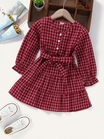Toddler Girls Plaid Print Self-Tie Dress SD