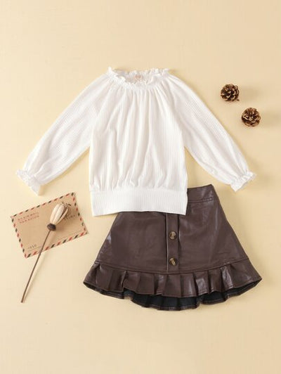 Toddler Girls Frill Trim Tee & Pleated Hem Leather Skirt SD