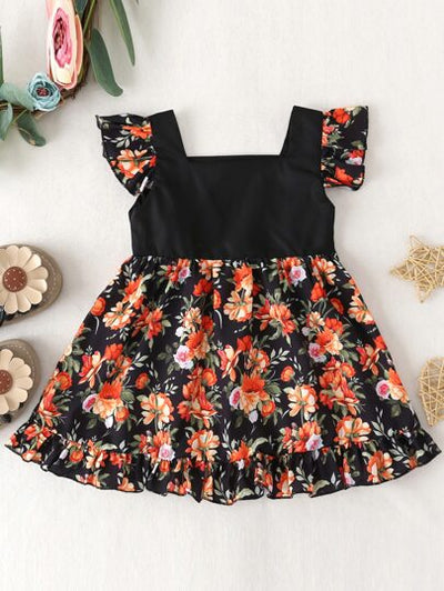 Baby Girl Lettuce Edge Sleeves & Floral Hem Dress SD