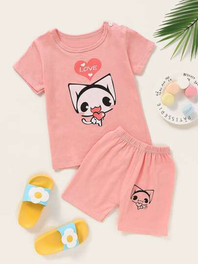 Baby Girl Cute Cat Graphic Tee & Shorts SD
