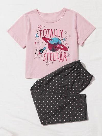 Toddler Girls Space Graphic Tee with Polka Dot PJs SD