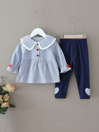 Baby Girl Peter Pan Collar Striped Top & Heart Patch Pants SD