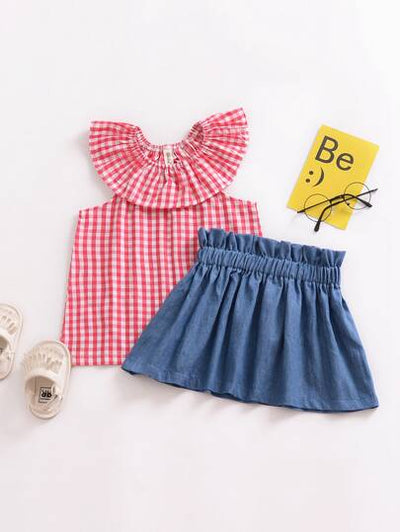 Toddler Girls Plaid Blouse & Pleated Waist Skirt SD