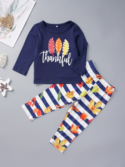 Toddler Girls Feather Graphic Shirt with Leaf Striped PJs SD