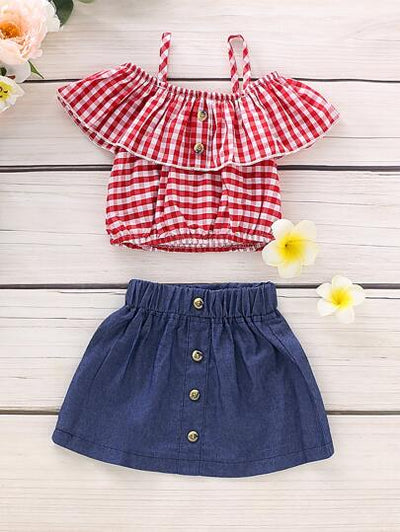 Baby Girl Plaid Print Off-Shoulder Top with Denim Skirt SD
