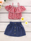 Baby Girl Plaid Print Off-Shoulder Top with Denim Skirt SD