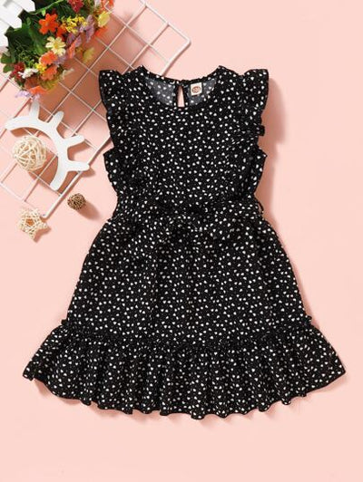Toddler Girls Heart Print Frilled Sleeves & Hem Dress SD