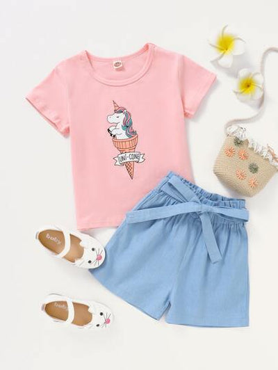 Toddler Girl Unicorn Graphic Tee & Belted Shorts SD
