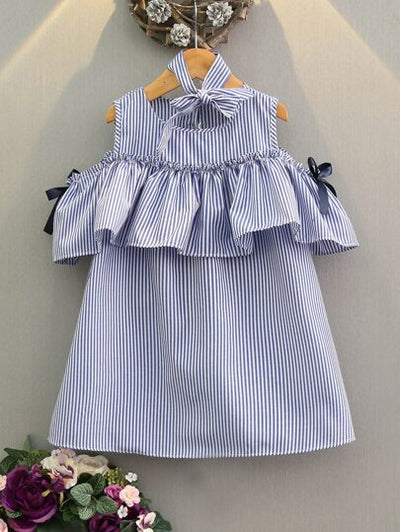 Toddler Girls Frilled Bust Bow Detail Cold Shoulder Striped Dress SD