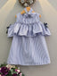 Toddler Girls Frilled Bust Bow Detail Cold Shoulder Striped Dress SD