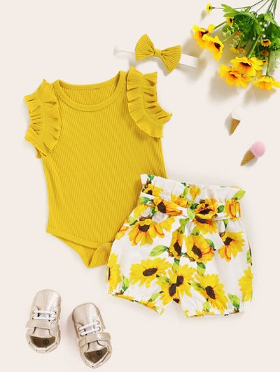 Baby Girl Lettuce Trim Top & Sunflower Print Belted Shorts with Headband SD