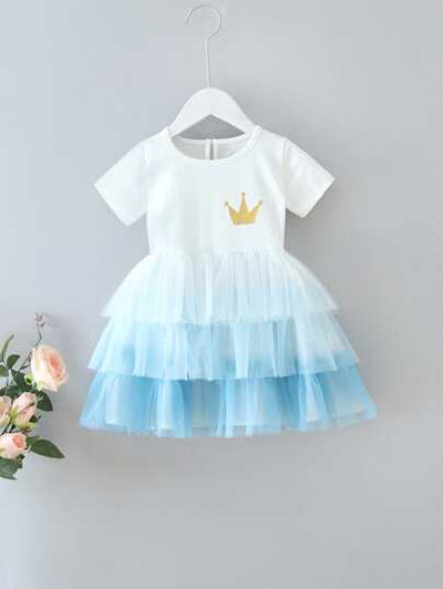 Baby Girl Crown Detail Mesh Layered Hem Ombre Dress SD