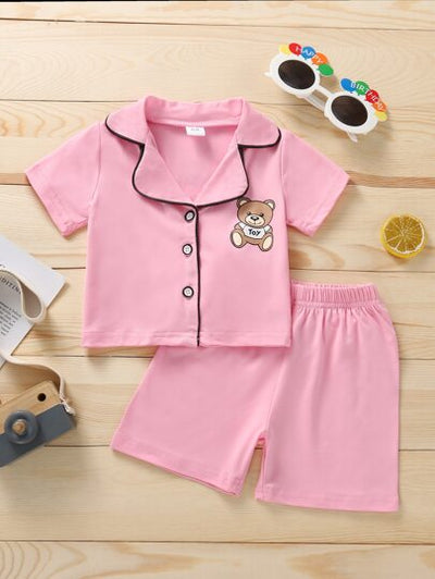 Baby Girl Teddy Bear Patch Buttoned Shirt & Shorts SD