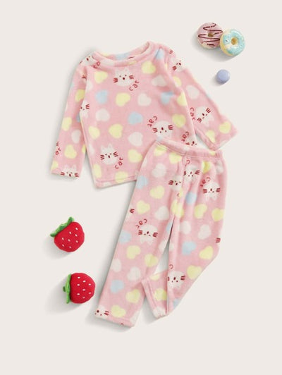 Baby Girl Cat Print Flannel Top & PJs SD