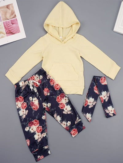 Baby Girl Solid Hooded Top & Floral Pants with Belt SD