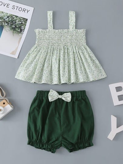 Baby Girl Pleated Printed Blouse & Bow Shorts SD