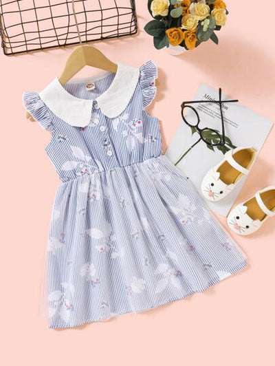 Toddler Girls Floral Print Striped Dress SD