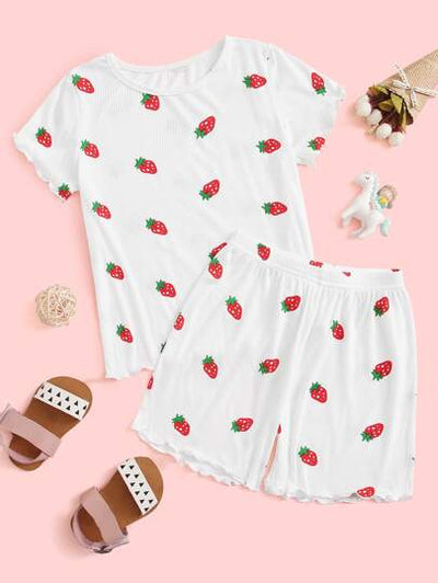 Toddler Girls Lettuce Edge Strawberry Print Shirt & Shorts SD