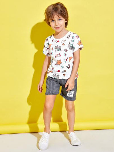 Toddler Boys Cartoon Print Tee & Striped Shorts SD