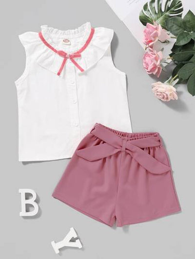 Toddler Girls Frilled Collar Blouse & Belted Shorts SD