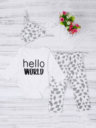 Baby Boy Geometric Print Bodysuit with Pants & Cap SD
