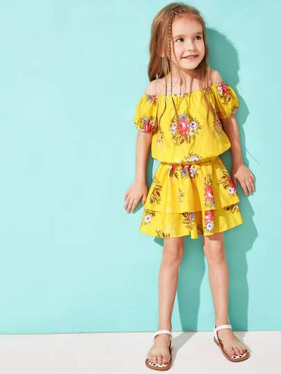 Toddler Girls Off-Shoulder Top & Layered Skirt SD