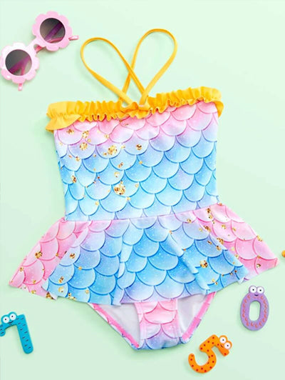 Toddler Girls Fish Scale Print Ruffle One Piece Swimsuit SD