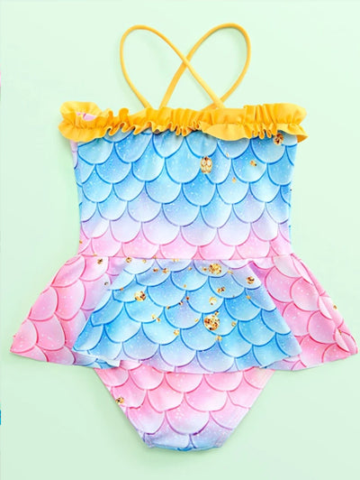 Toddler Girls Fish Scale Print Ruffle One Piece Swimsuit SD