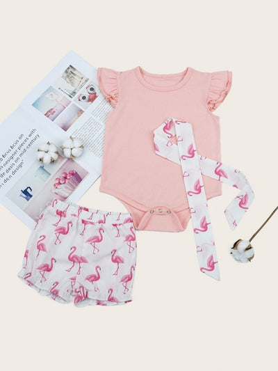 Baby Ruffle Popper Romper & Flamingo Print Shorts & Headband SD