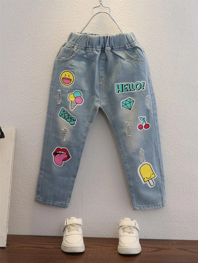 Toddler Girls Cartoon And Letter Graphic Ripped Tapered Jeans SD