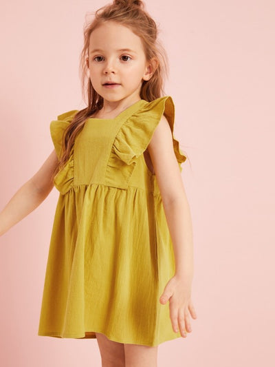 Toddler Girls Keyhole Back Ruffle Armhole Solid Dress SD